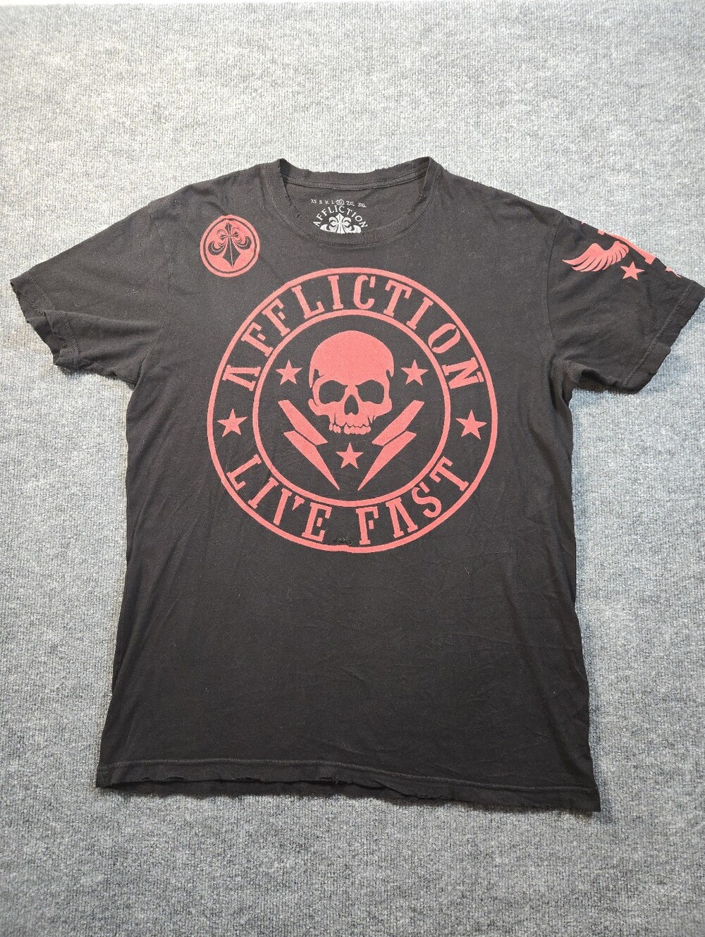 VTG Affliction Distressed Live Fast Skull Graphic Tee Black Red XL